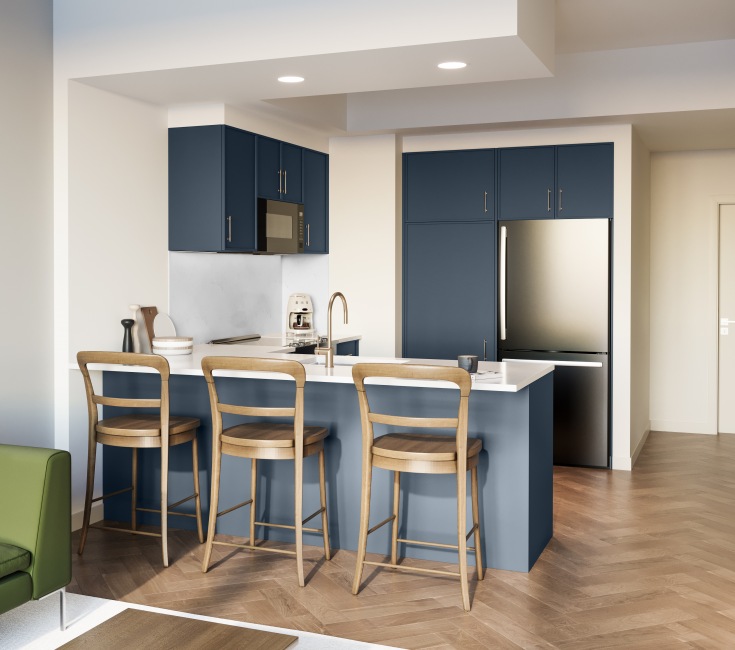 Open-concept kitchen with blue cabinets