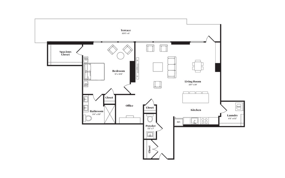 A15PH - 1 bedroom floorplan layout with 1.5 bath and 1130 square feet.