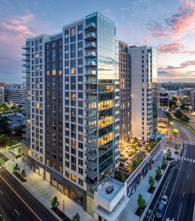 High-rise building with sunset sky