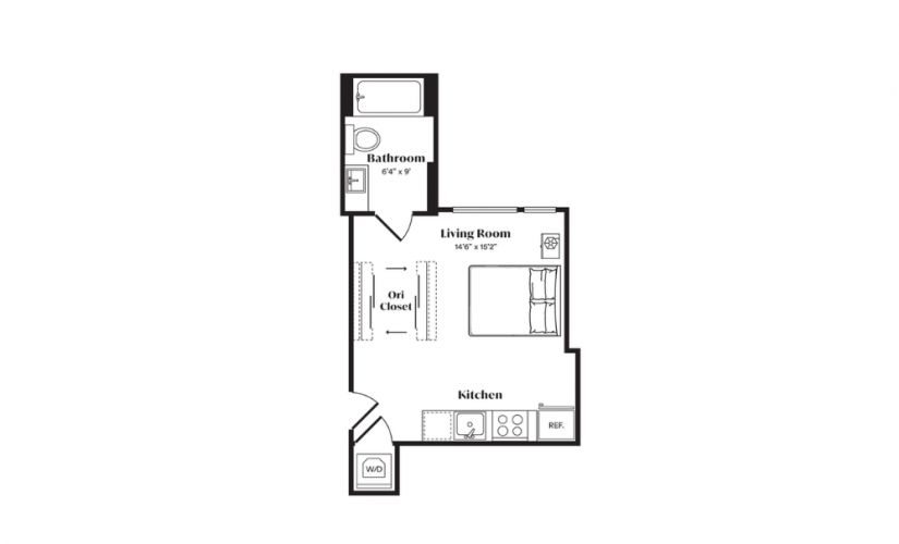S1 - Studio floorplan layout with 1 bath and 333 square feet.