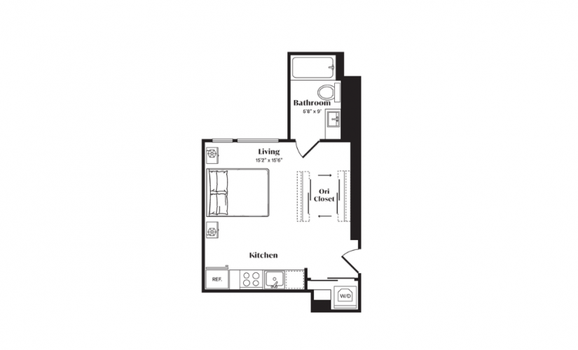 S2 - Studio floorplan layout with 1 bath and 347 square feet.