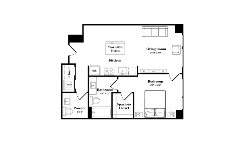 A10 - 1 bedroom floorplan layout with 1.5 bath and 664 square feet.