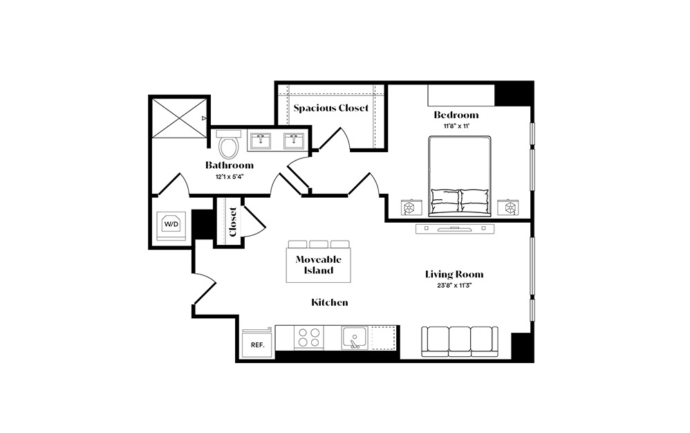 A11 - 1 bedroom floorplan layout with 1 bath and 665 square feet. (Preview)