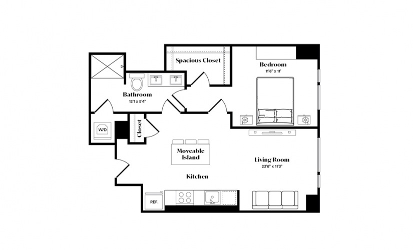 A11 - 1 bedroom floorplan layout with 1 bath and 665 square feet.