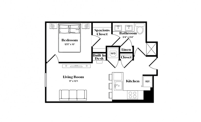 A12 - 1 bedroom floorplan layout with 1 bath and 676 square feet.