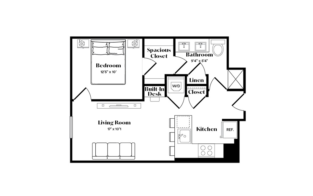 A12 - 1 bedroom floorplan layout with 1 bath and 676 square feet. (Preview)