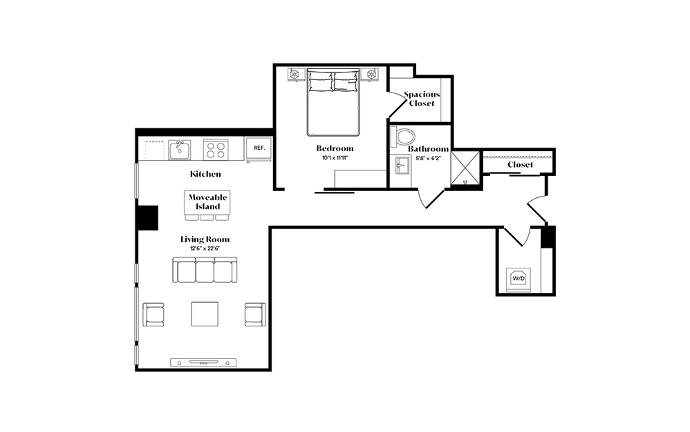 A14U - 1 bedroom floorplan layout with 1 bath and 745 square feet. (Preview)