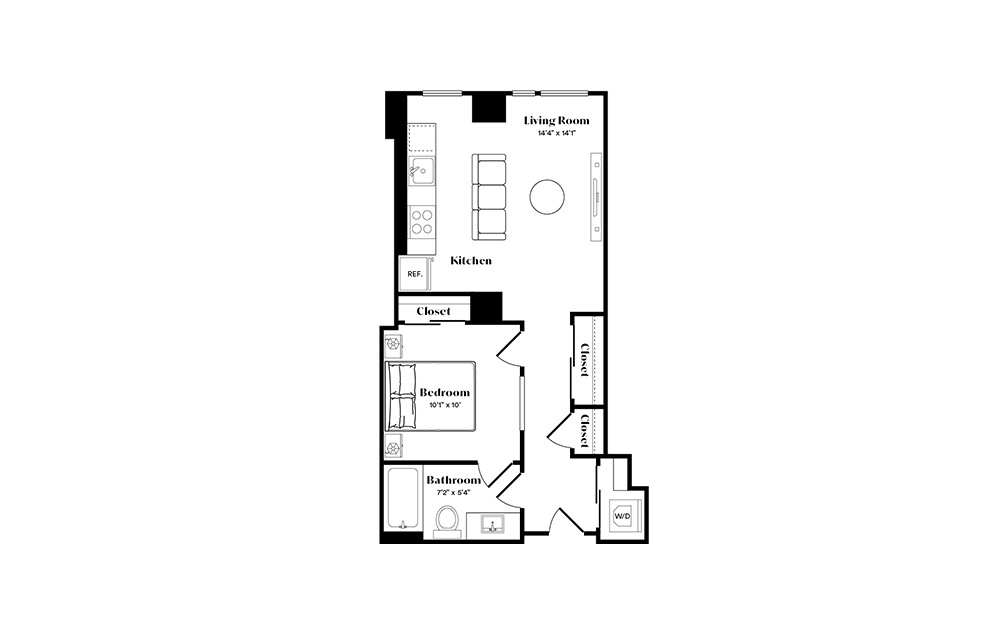 A1U - 1 bedroom floorplan layout with 1 bath and 551 square feet.