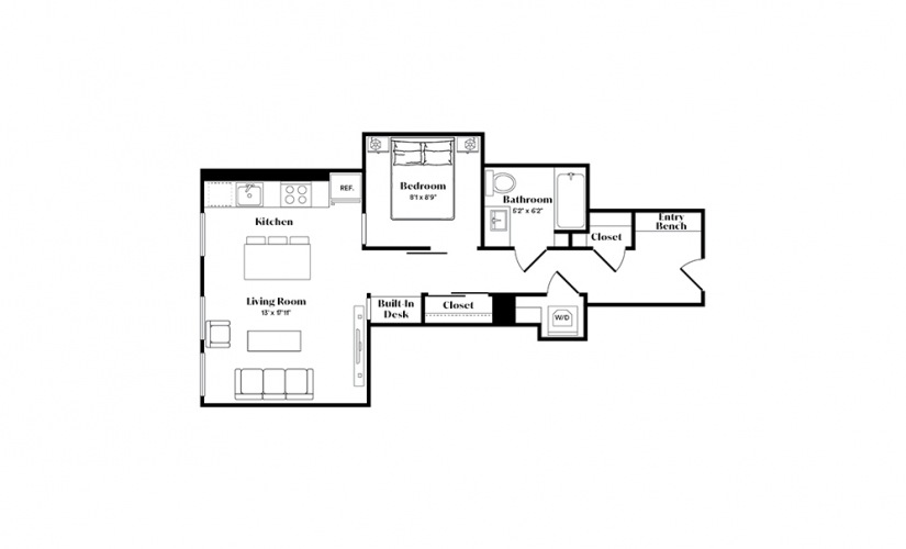 A2U - 1 bedroom floorplan layout with 1 bath and 587 square feet.