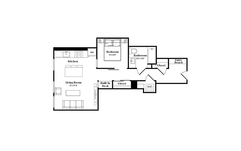 A2U - 1 bedroom floorplan layout with 1 bath and 587 square feet. (Preview)