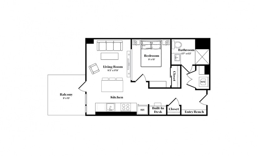A3U - 1 bedroom floorplan layout with 1 bath and 587 square feet.