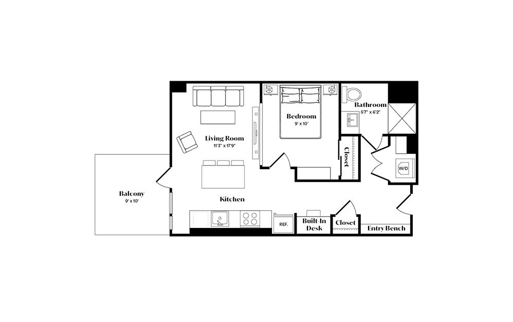 A3U - 1 bedroom floorplan layout with 1 bath and 587 square feet. (Preview)