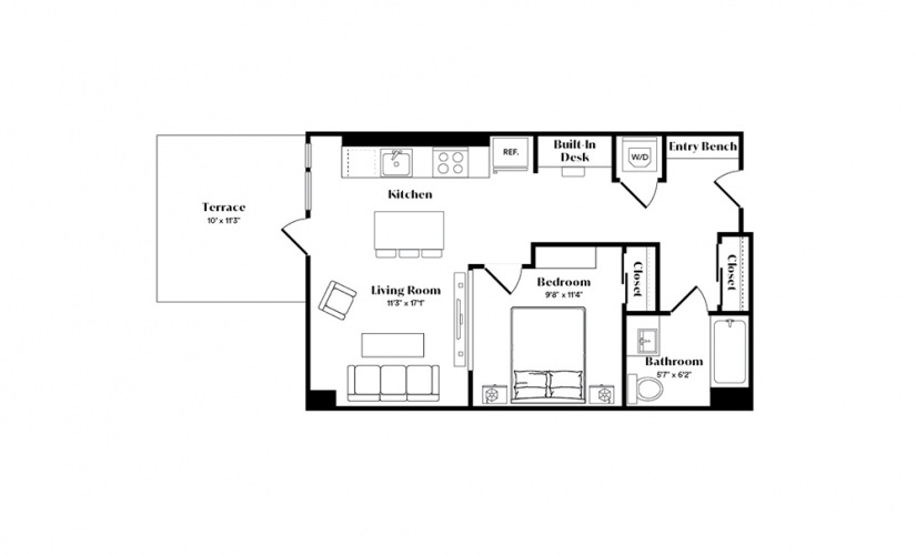 A4U - 1 bedroom floorplan layout with 1 bath and 588 square feet.