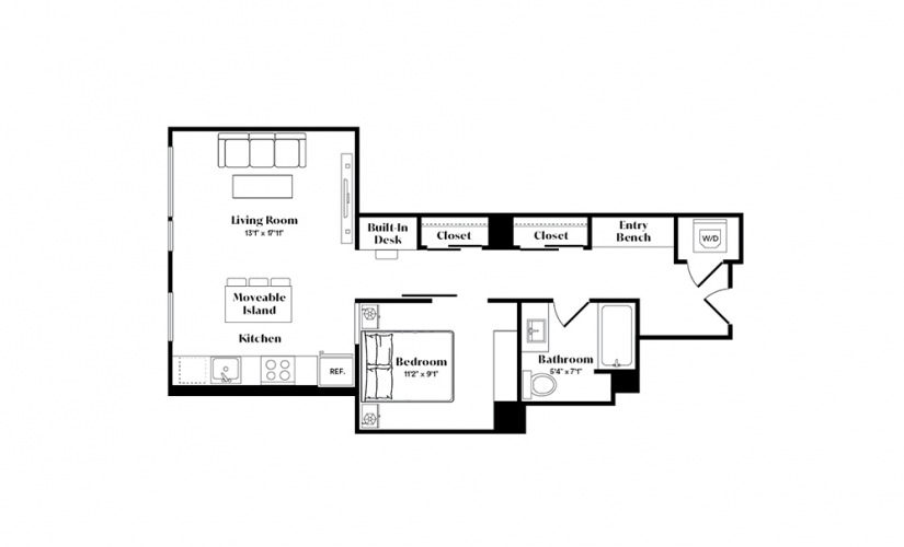 A5U - 1 bedroom floorplan layout with 1 bath and 618 square feet.