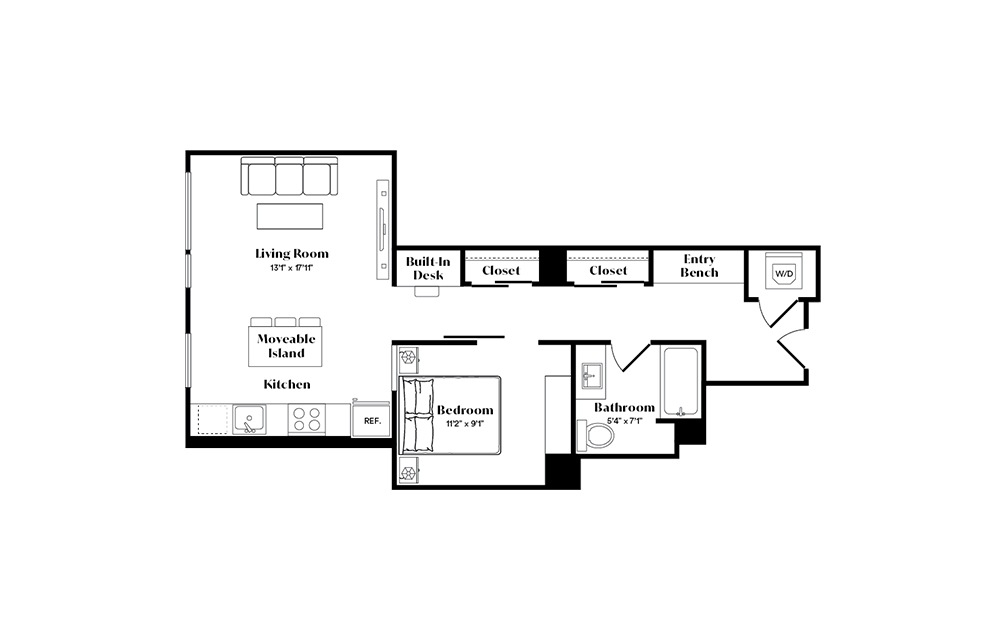 A5U - 1 bedroom floorplan layout with 1 bath and 618 square feet.