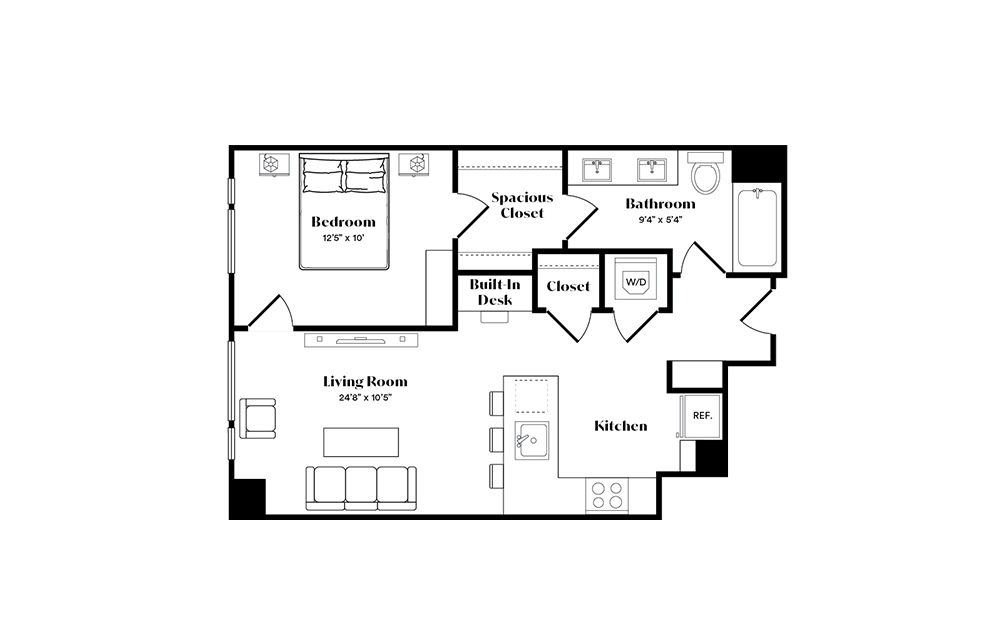 A6 - 1 bedroom floorplan layout with 1 bath and 641 square feet.