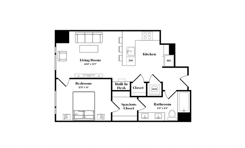 A7 - 1 bedroom floorplan layout with 1 bath and 642 square feet.