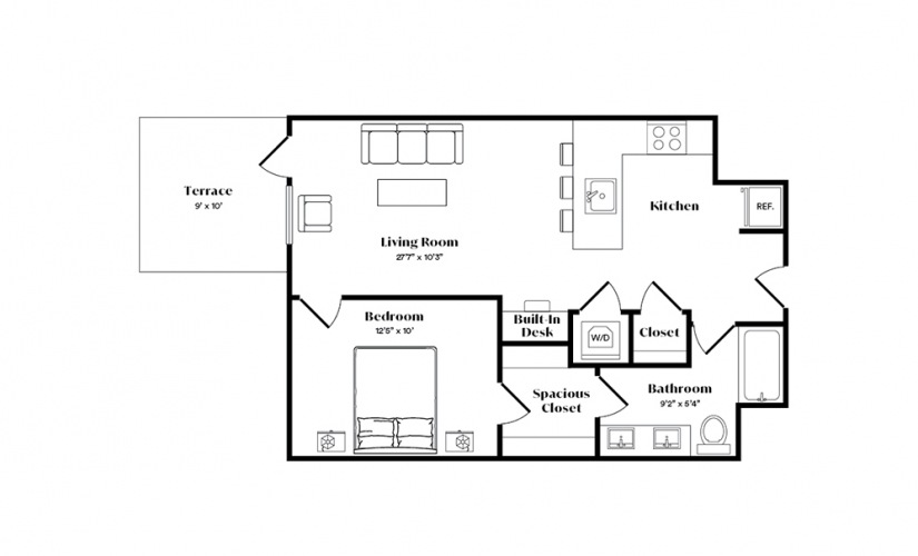 A8 - 1 bedroom floorplan layout with 1 bath and 657 square feet.