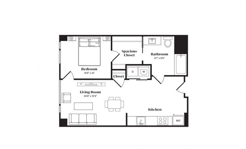 A9A - 1 bedroom floorplan layout with 1 bath and 663 square feet.