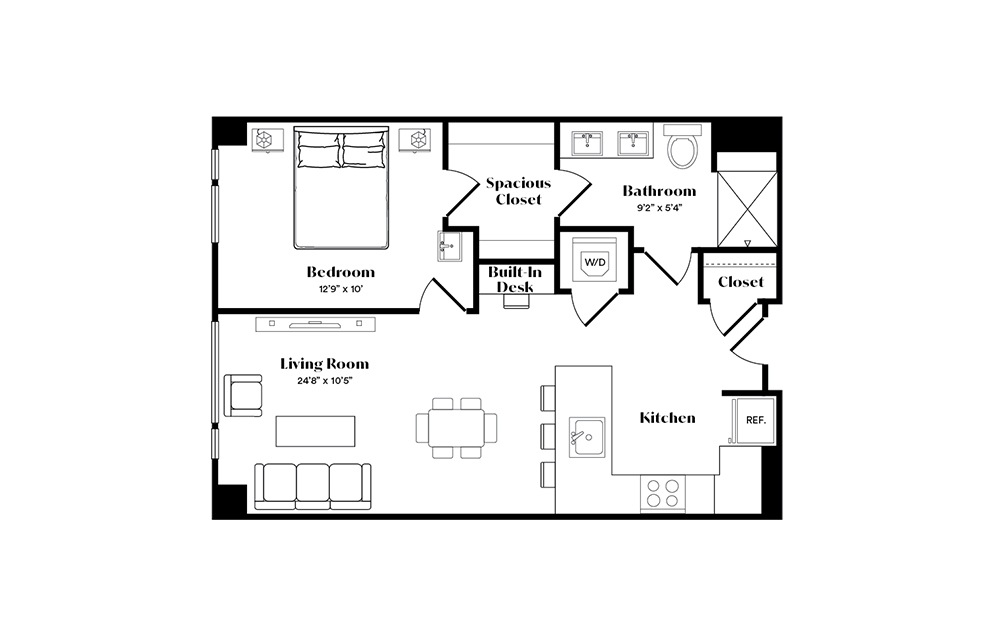 A9 - 1 bedroom floorplan layout with 1 bath and 663 square feet.