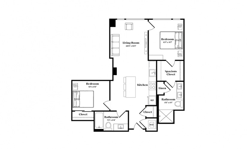 B1U - 2 bedroom floorplan layout with 2 baths and 850 square feet.
