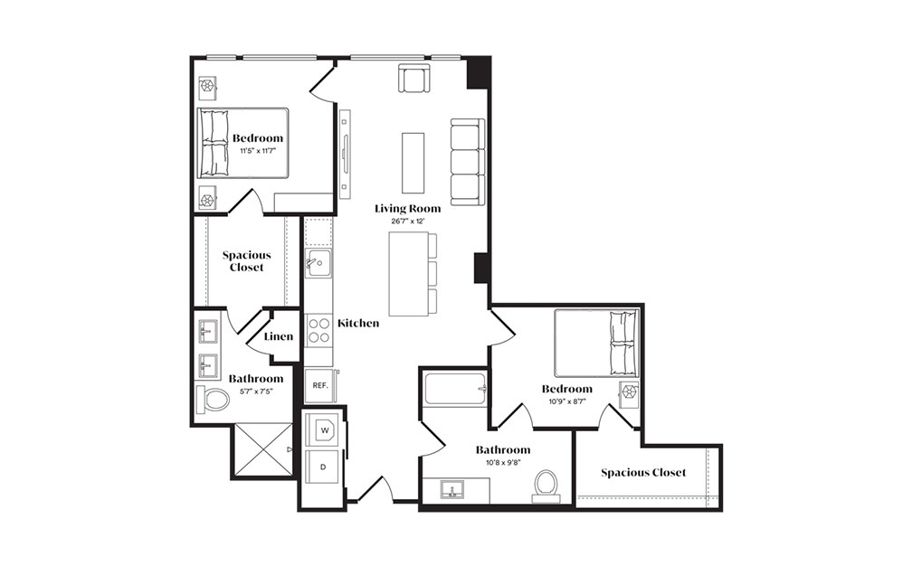 B2UA - 2 bedroom floorplan layout with 2 baths and 900 square feet.