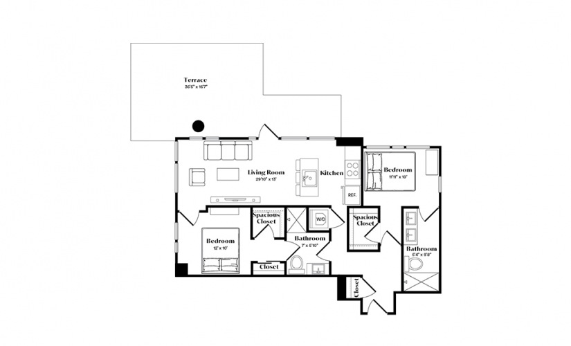 B3 - 2 bedroom floorplan layout with 2 baths and 1066 square feet.