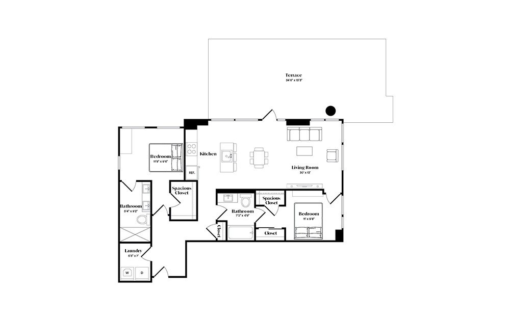 B4 - 2 bedroom floorplan layout with 2 baths and 1105 square feet. (Preview)