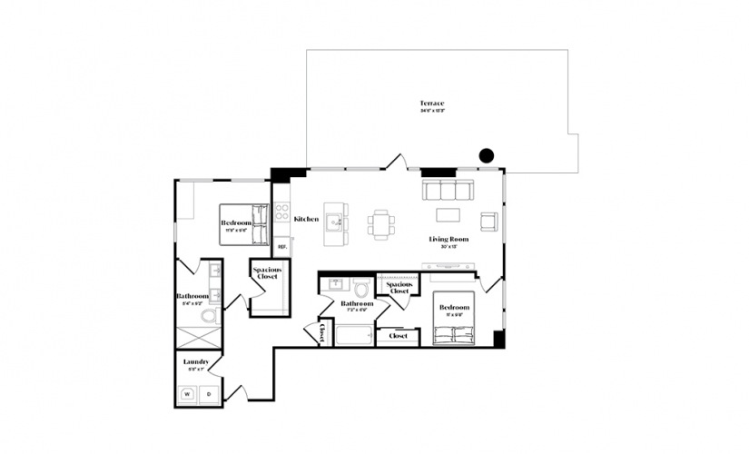 B4 - 2 bedroom floorplan layout with 2 baths and 1105 square feet.