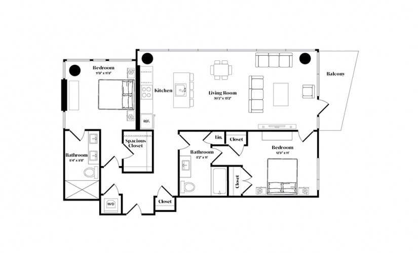 B5 - 2 bedroom floorplan layout with 2 baths and 1142 square feet.