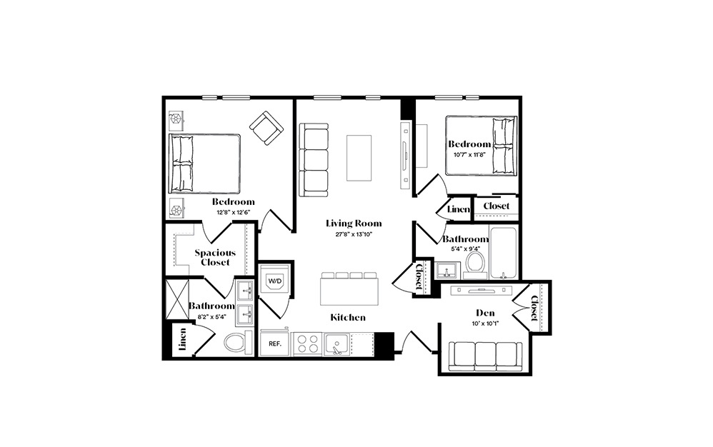 B6D - 2 bedroom floorplan layout with 2 baths and 1207 square feet.