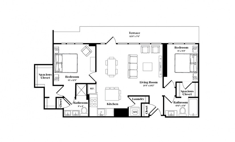 B7PH - 2 bedroom floorplan layout with 2 baths and 1336 square feet.