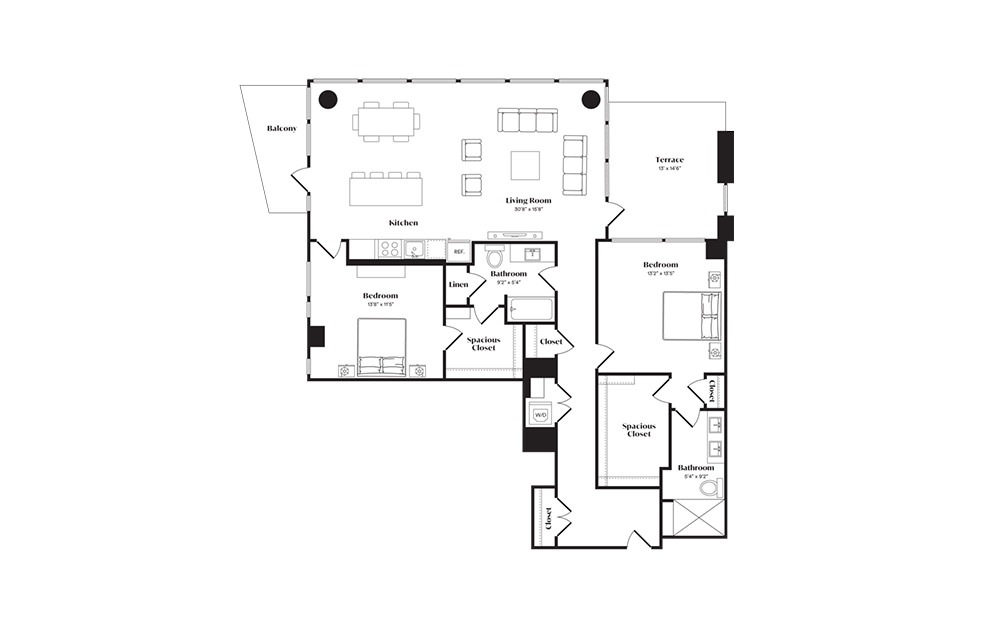 B9PH - 2 bedroom floorplan layout with 2 baths and 1489 square feet.