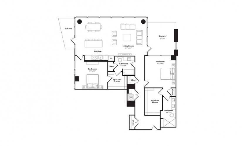 B9PH - 2 bedroom floorplan layout with 2 baths and 1489 square feet.