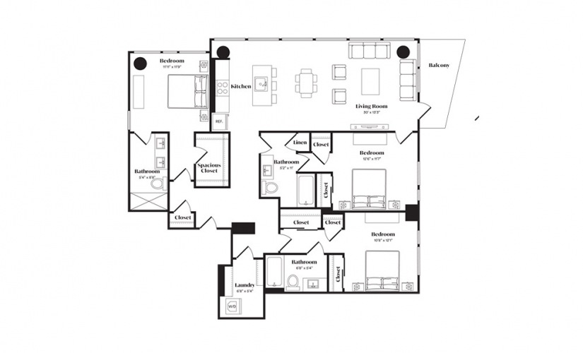 C1PH - 3 bedroom floorplan layout with 3 baths and 1500 square feet.