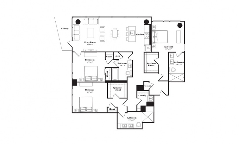 C3PH - 3 bedroom floorplan layout with 3 baths and 1610 square feet.