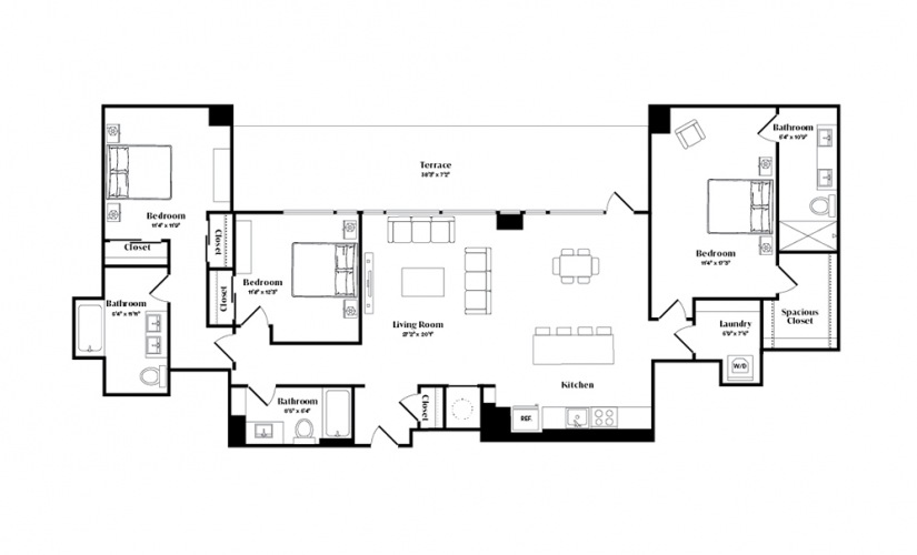 C4PH - 3 bedroom floorplan layout with 3 baths and 1626 square feet.