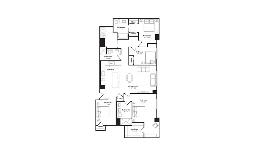 C5DAPH - 3 bedroom floorplan layout with 3 baths and 1710 square feet.