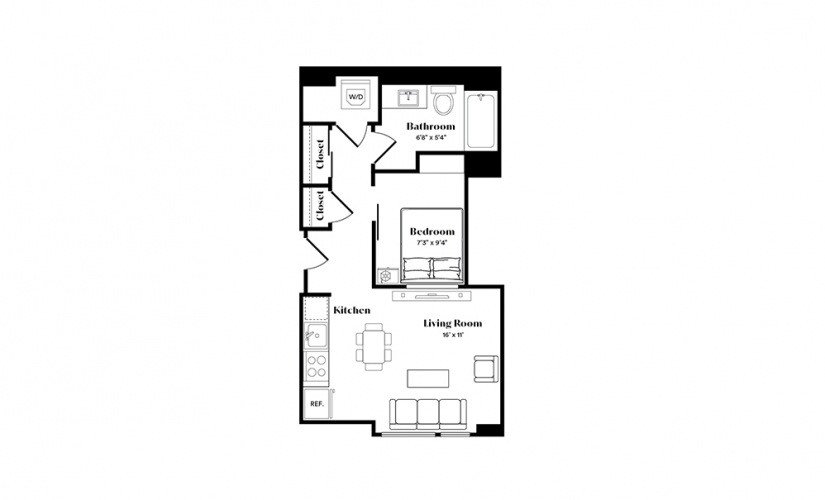 S5 - Studio floorplan layout with 1 bath and 469 square feet.