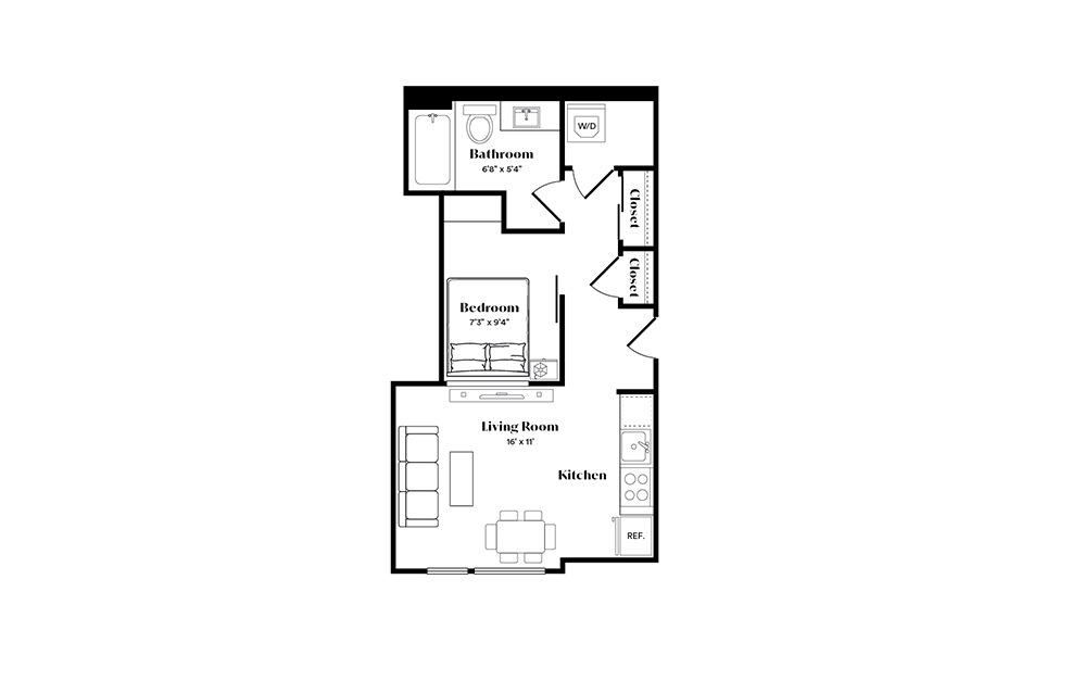 S6 - Studio floorplan layout with 1 bath and 471 square feet.